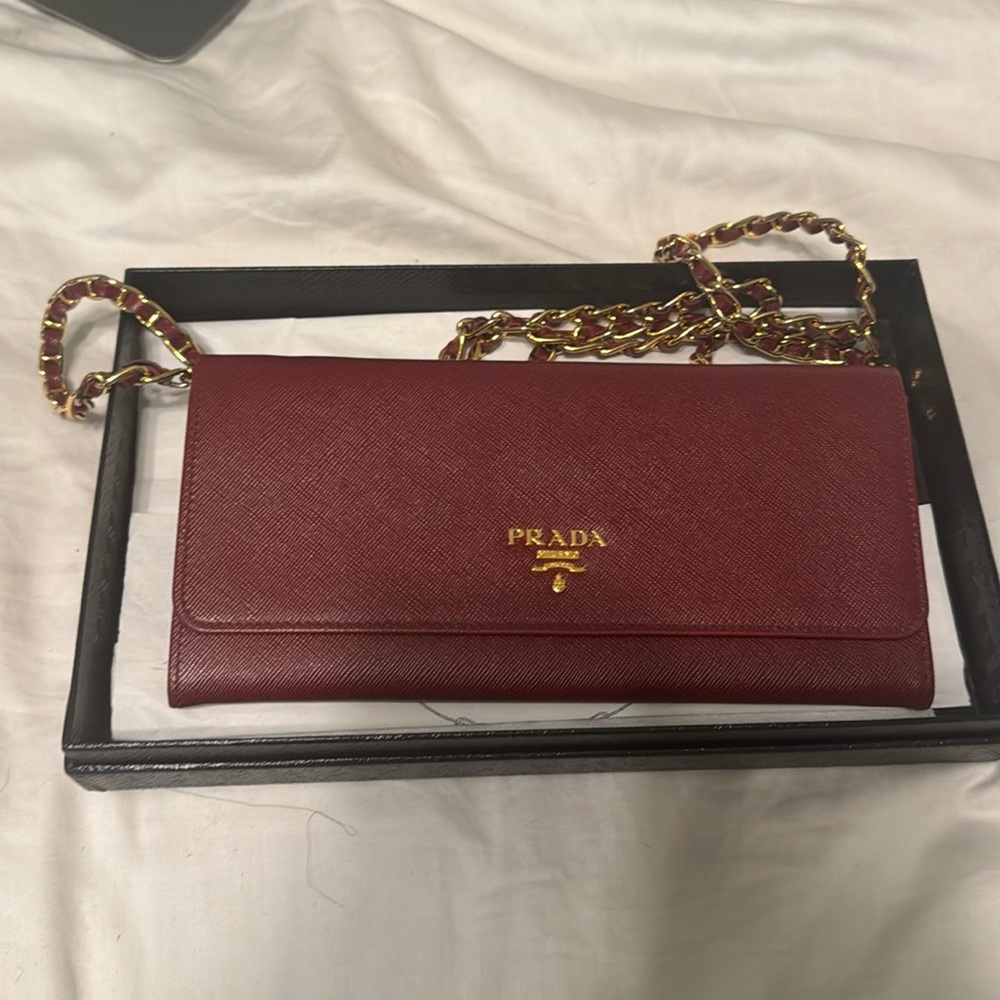 Prada saffiano leather wallet on chain purse maroon red